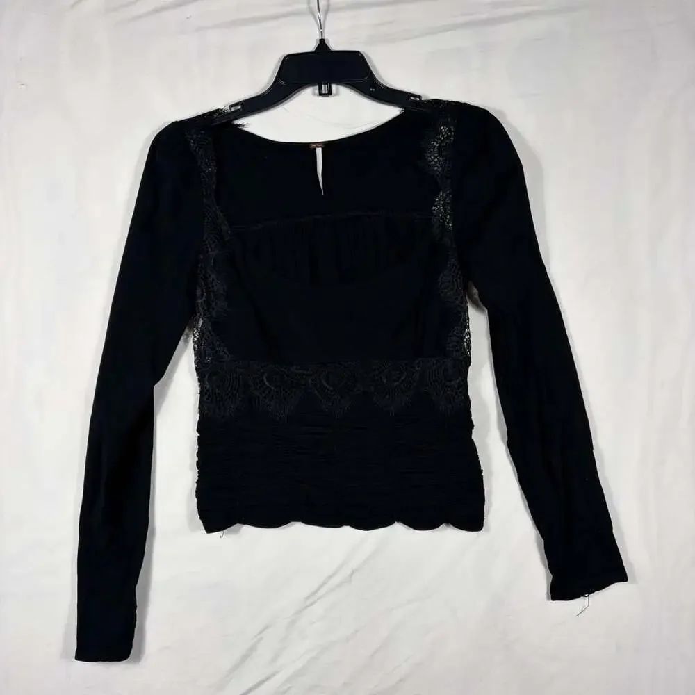 Free People Sweet Mornings Top Size S Black Long Sleeve Lace Corset